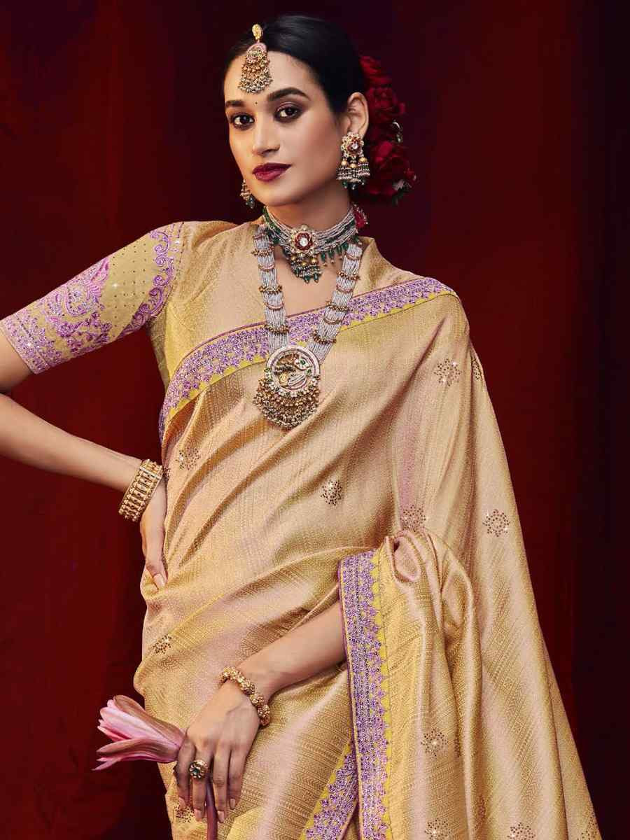 Gold Silk Embroidered Reception Wedding Heavy Border Saree