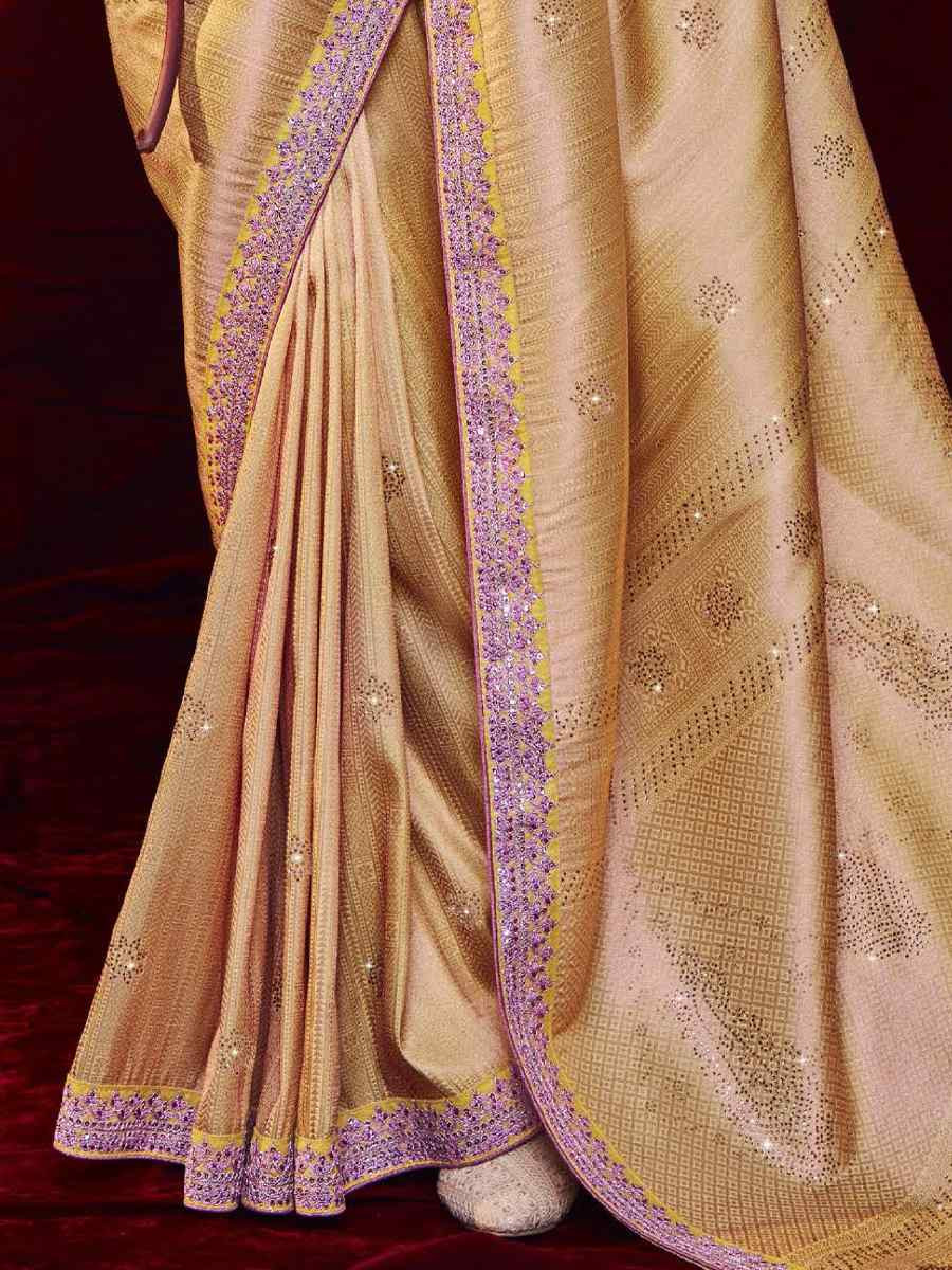 Gold Silk Embroidered Reception Wedding Heavy Border Saree