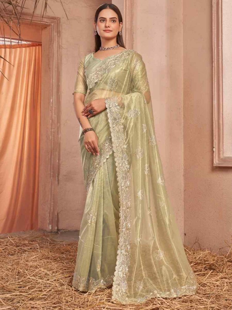 Gold Simmer Silver Net Embroidered Party Reception Heavy Border Saree