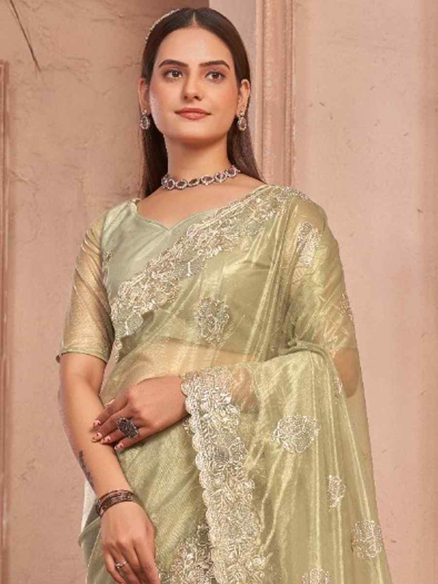 Gold Simmer Silver Net Embroidered Party Reception Heavy Border Saree