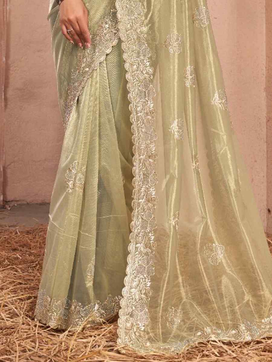 Gold Simmer Silver Net Embroidered Party Reception Heavy Border Saree