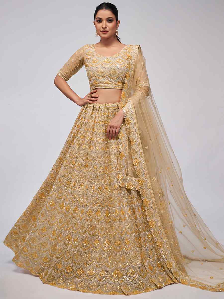 Gold Soft Net Embroidery Bridesmaid Wedding Heavy Border Lehenga Choli