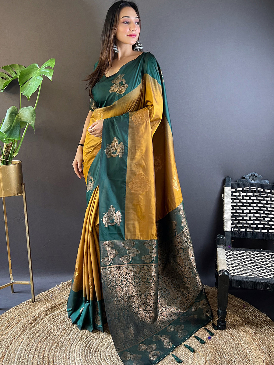 Gold Soft Silk Handwoven Festival Wedding Heavy Border Saree