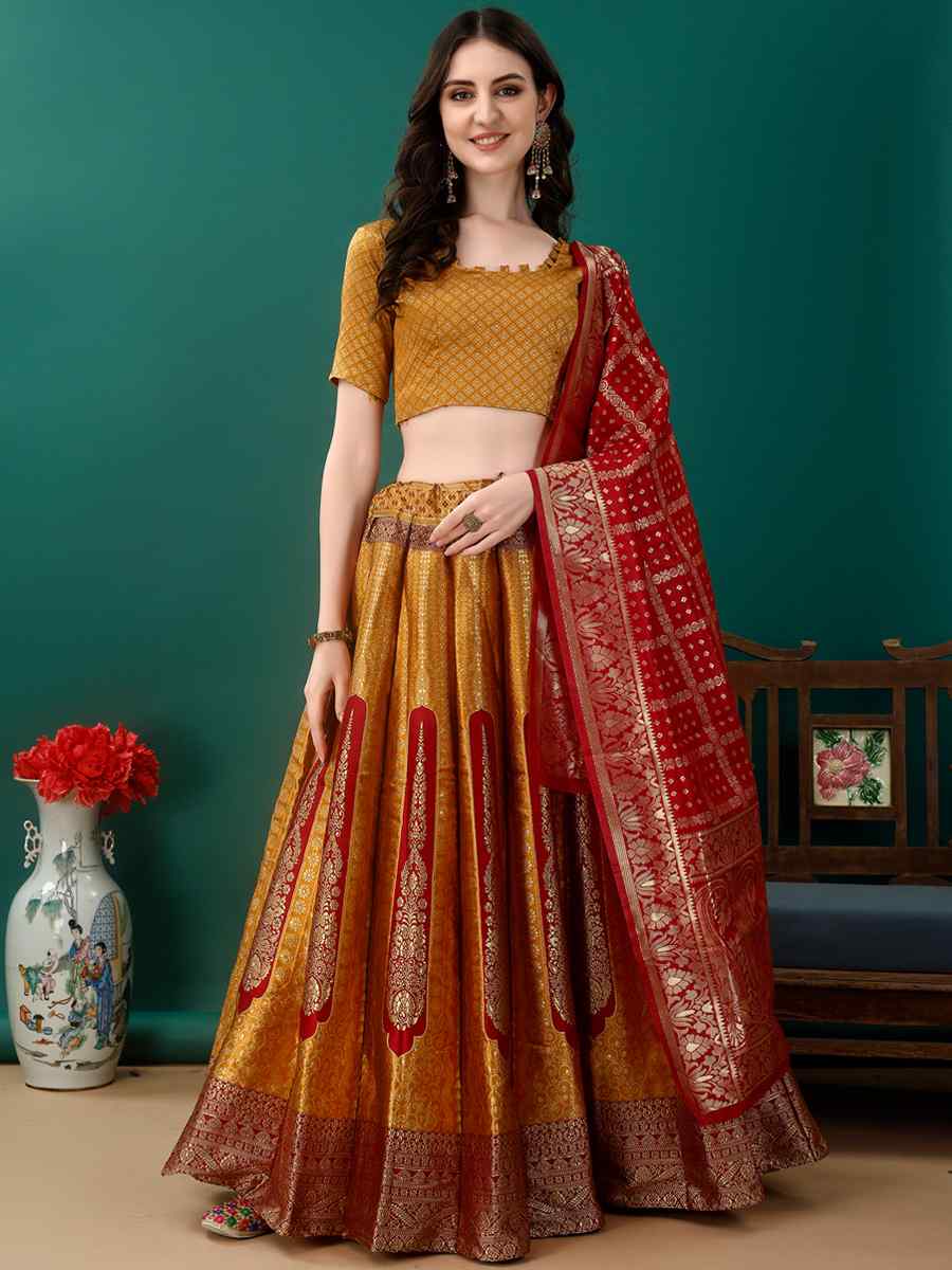 Gold Soft Silk Jacquard Embroidery Bridesmaid Wedding Heavy Border Lehenga Choli