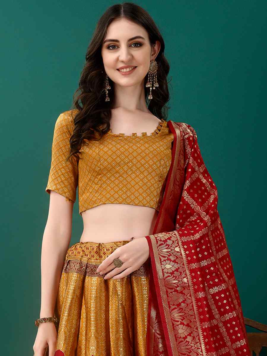 Gold Soft Silk Jacquard Embroidery Bridesmaid Wedding Heavy Border Lehenga Choli