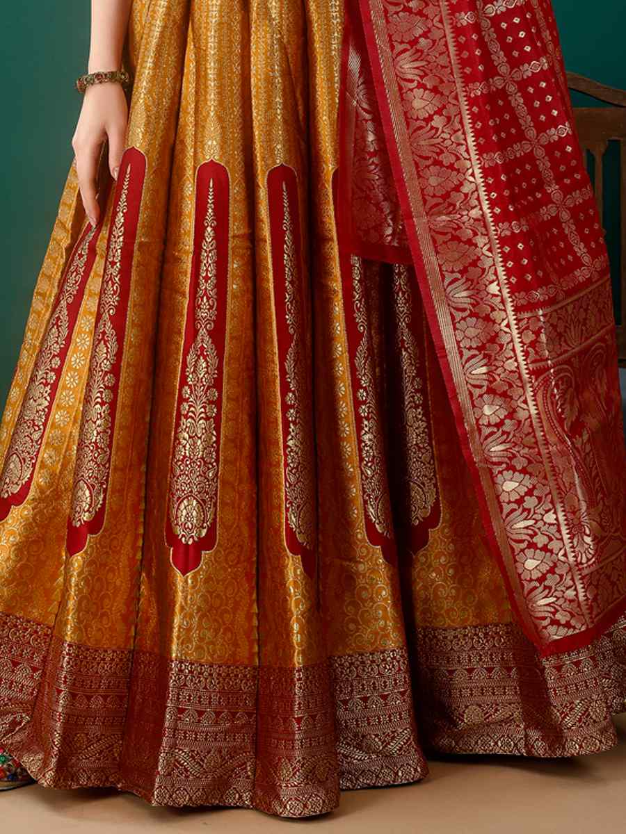 Gold Soft Silk Jacquard Embroidery Bridesmaid Wedding Heavy Border Lehenga Choli