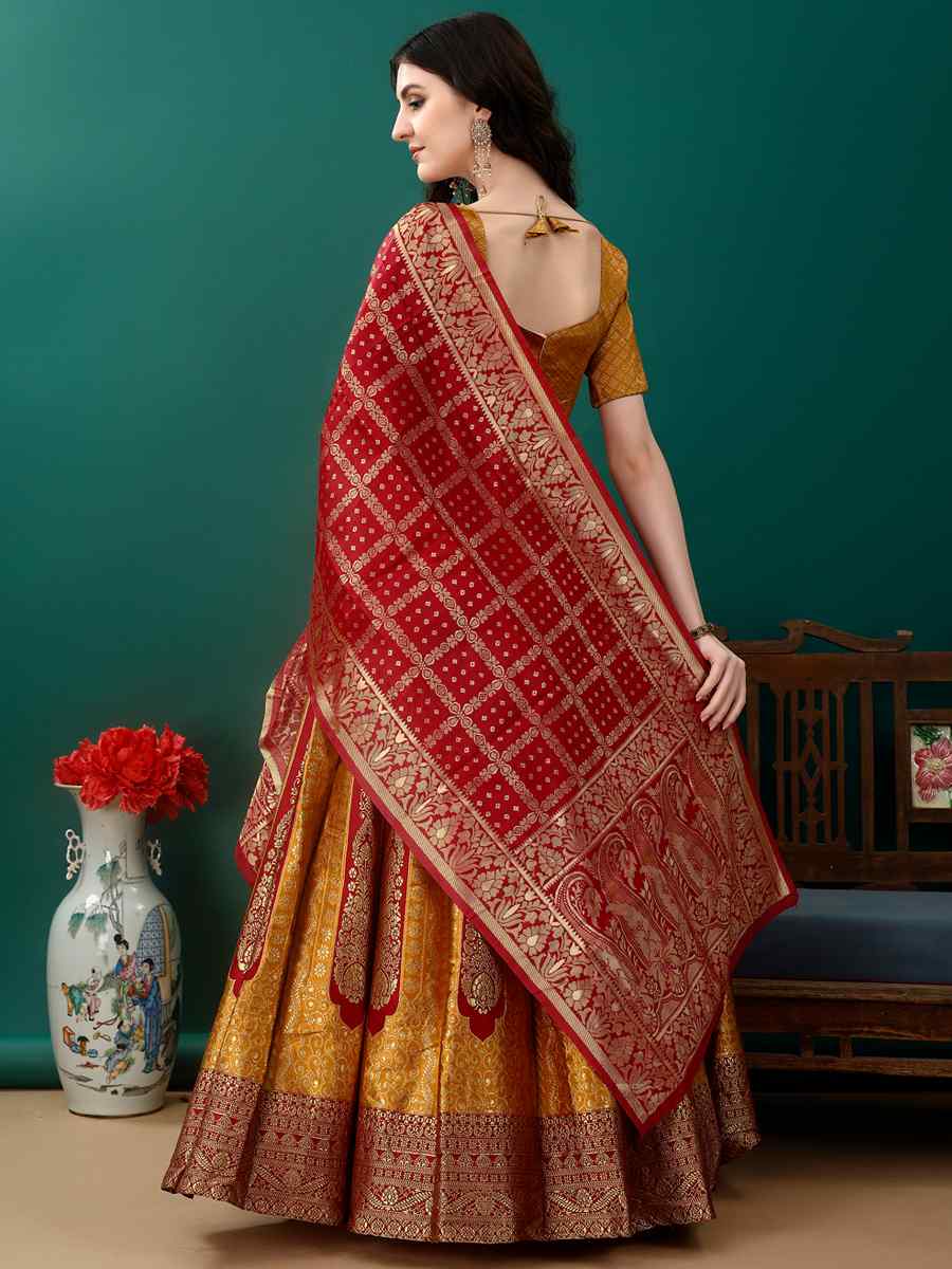 Gold Soft Silk Jacquard Embroidery Bridesmaid Wedding Heavy Border Lehenga Choli