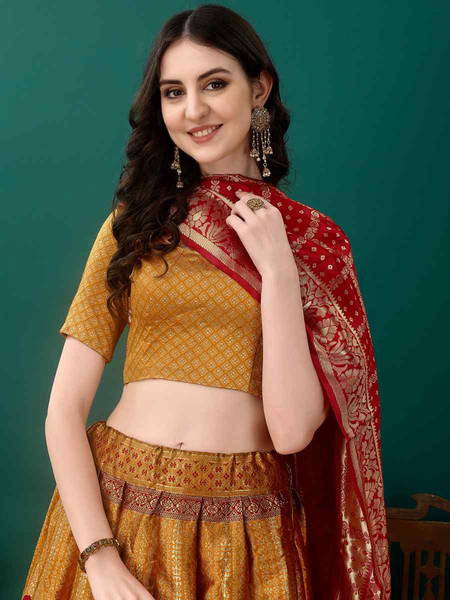 Gold Soft Silk Jacquard Embroidery Bridesmaid Wedding Heavy Border Lehenga Choli