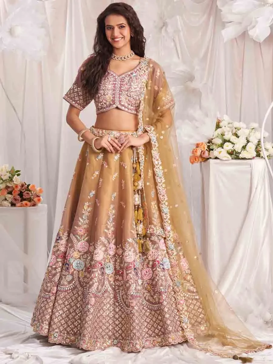 Gold Tissue Embroidered Wedding Bridesmaid Heavy Border Lehenga Choli