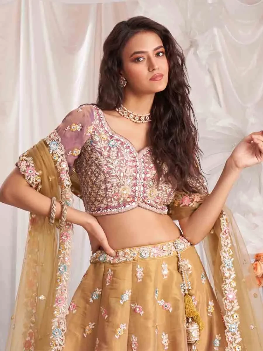 Gold Tissue Embroidered Wedding Bridesmaid Heavy Border Lehenga Choli