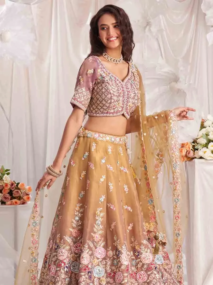 Gold Tissue Embroidered Wedding Bridesmaid Heavy Border Lehenga Choli