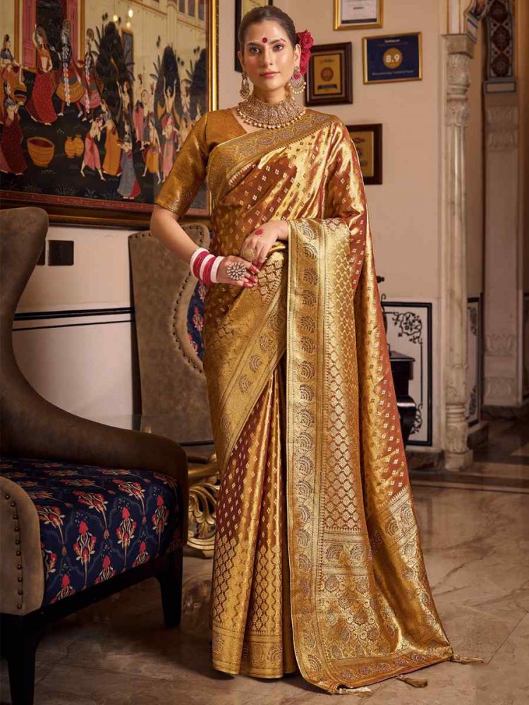 Gold Tissue Silk Handwoven Festival Wedding Heavy Border Saree