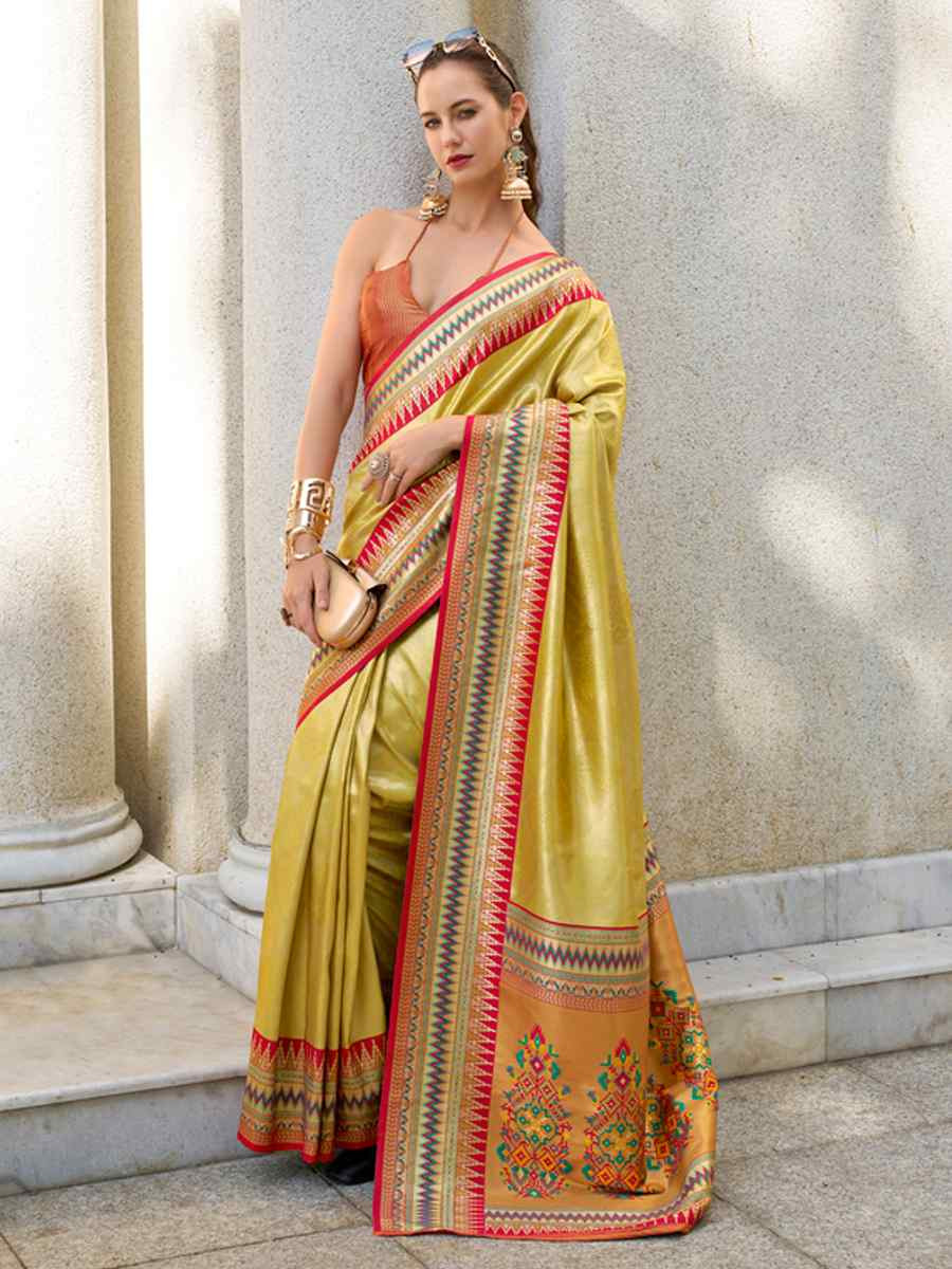 Gold Tissue Silk Handwoven Festival Wedding Heavy Border Saree