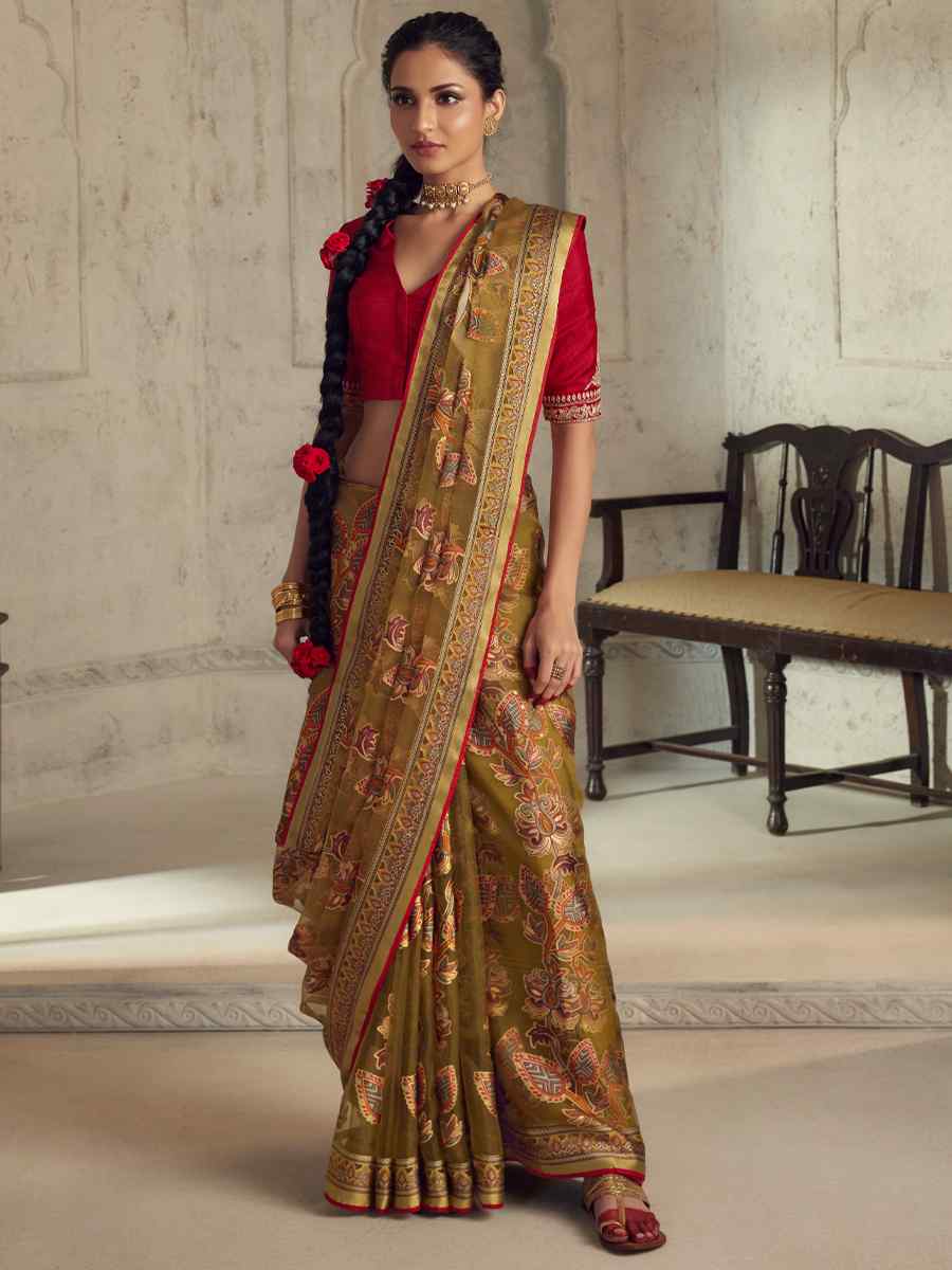 Gold Vichitra Organza Embroidered Party Festival Heavy Border Saree