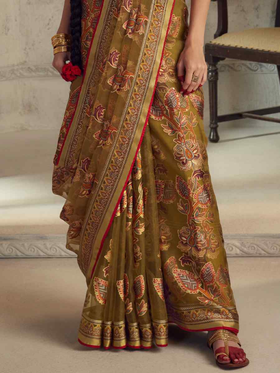 Gold Vichitra Organza Embroidered Party Festival Heavy Border Saree