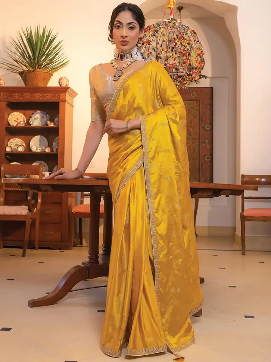 Gold Viscose Satin Silk Embroidered Reception Party Heavy Border Saree