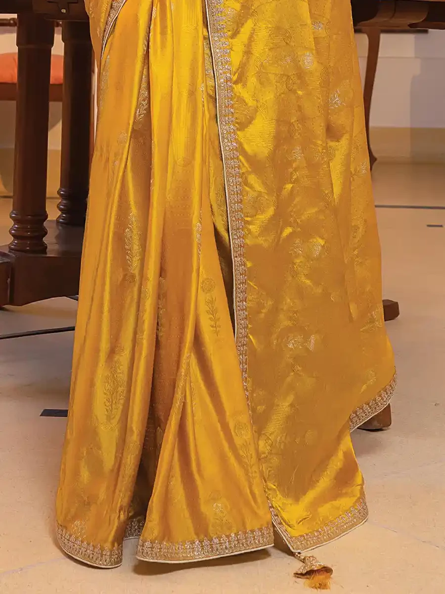 Gold Viscose Satin Silk Embroidered Reception Party Heavy Border Saree