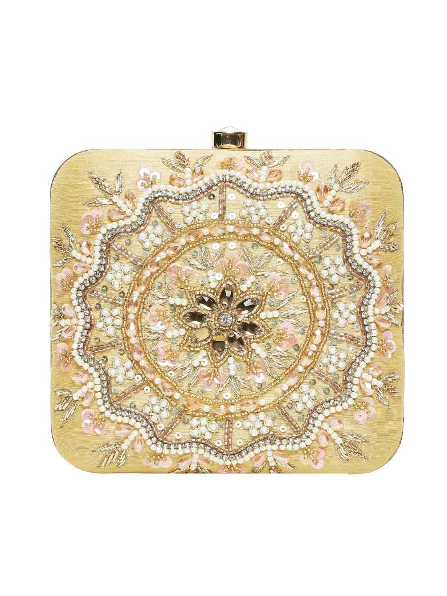 Gold Yellow Art Silk Party Wear Embroidered Clutches