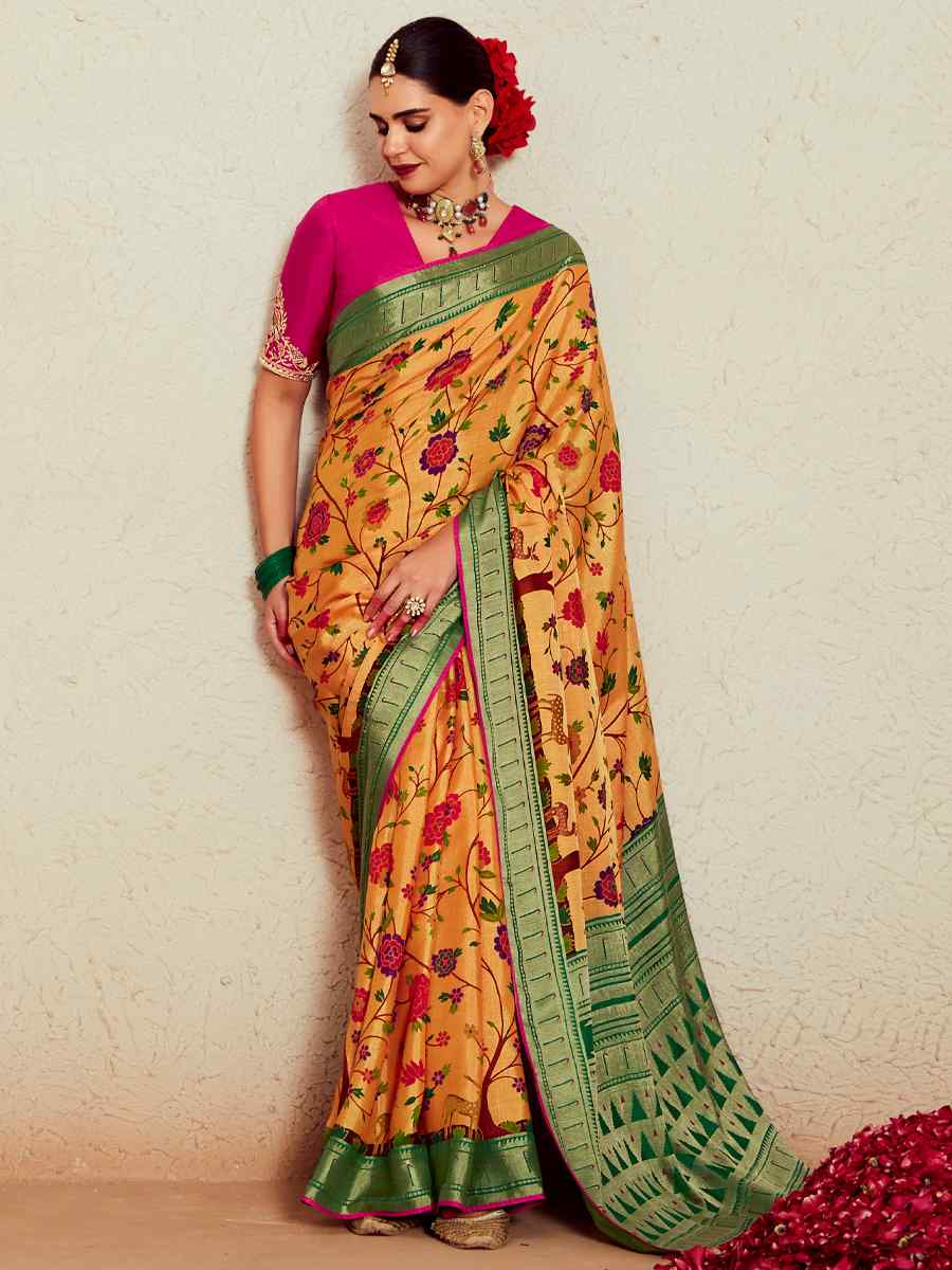 Golden Soft Brasso Embroidered Festival Wedding Heavy Border Saree