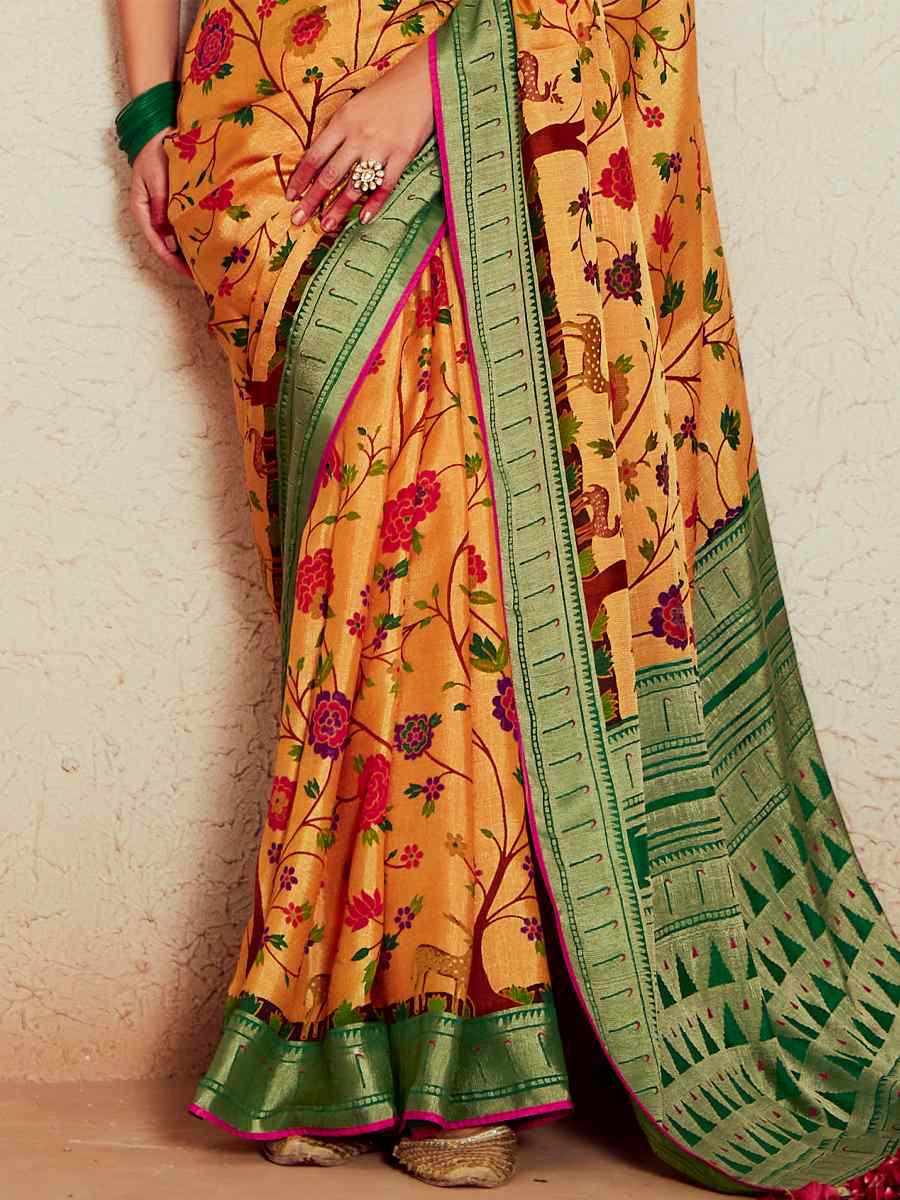 Golden Soft Brasso Embroidered Festival Wedding Heavy Border Saree