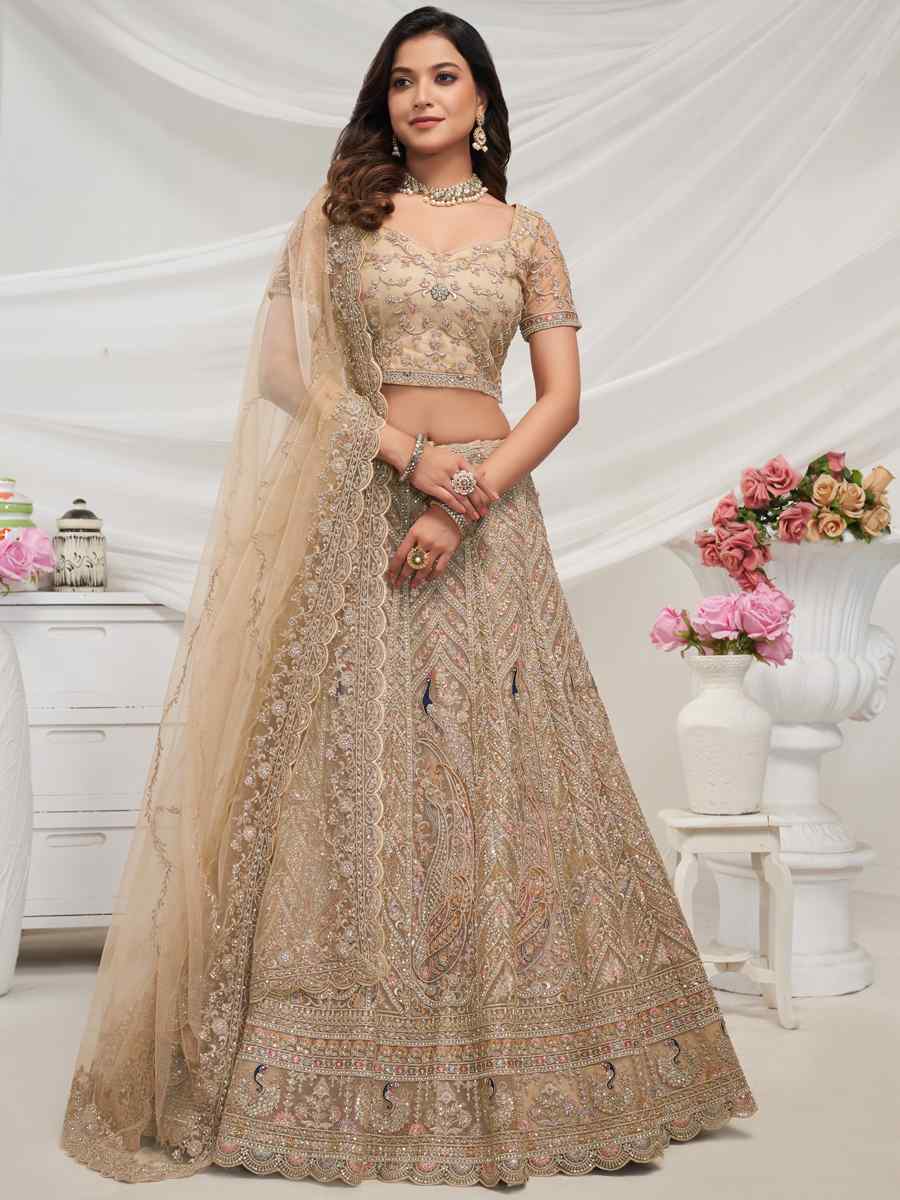 Golden Soft Net Embroidered Bridesmaid Wedding Heavy Border Lehenga Choli