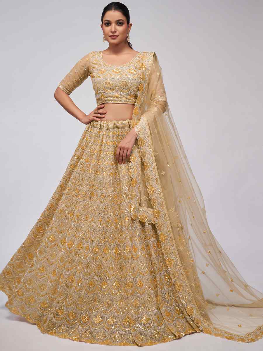 Golden Soft Net Embroidered Bridesmaid Wedding Heavy Border Lehenga Choli