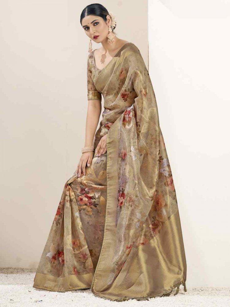 Golden Tissue Organza Silk Handwoven Festival Wedding Heavy Border Saree
