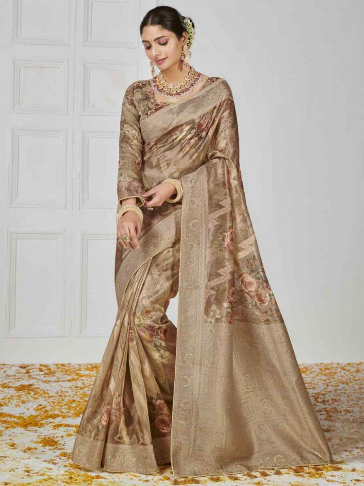 Golden Tissue Organza Silk Printed Festival Casual Classic Style Saree