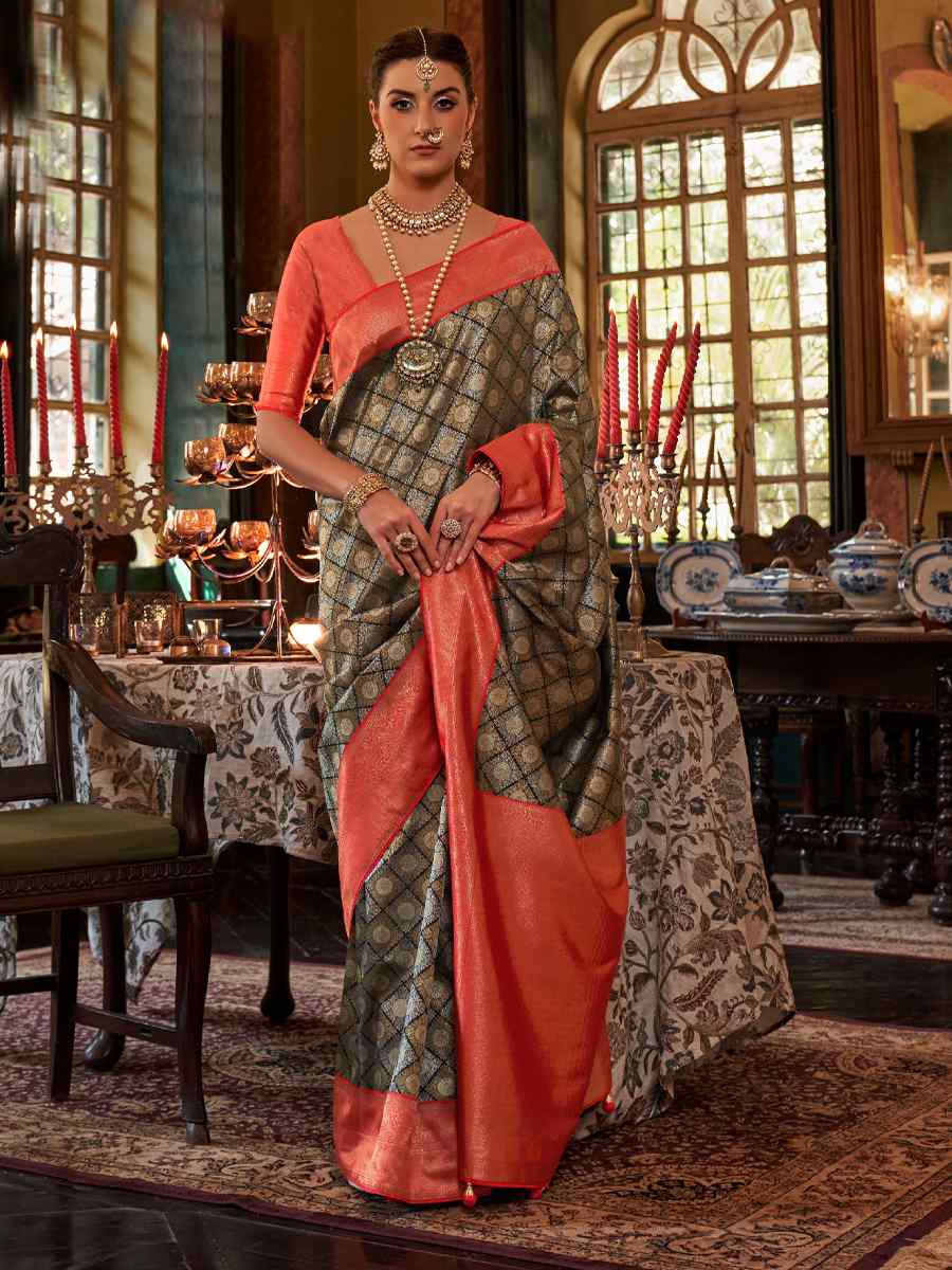 Gray Kanjivaram Silk Handwoven Wedding Festival Heavy Border Saree