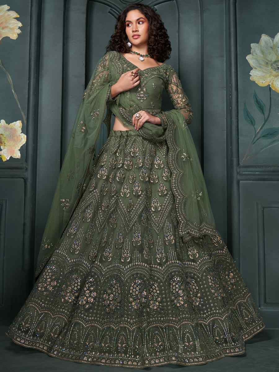 Gray Net Embroidered Bridesmaid Wedding Heavy Border Lehenga Choli