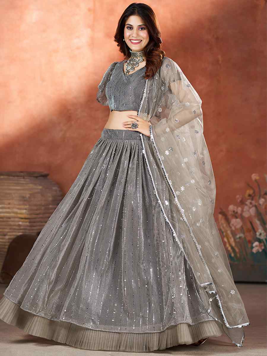 Gray Net Embroidered Bridesmaid Wedding Heavy Border Lehenga Choli