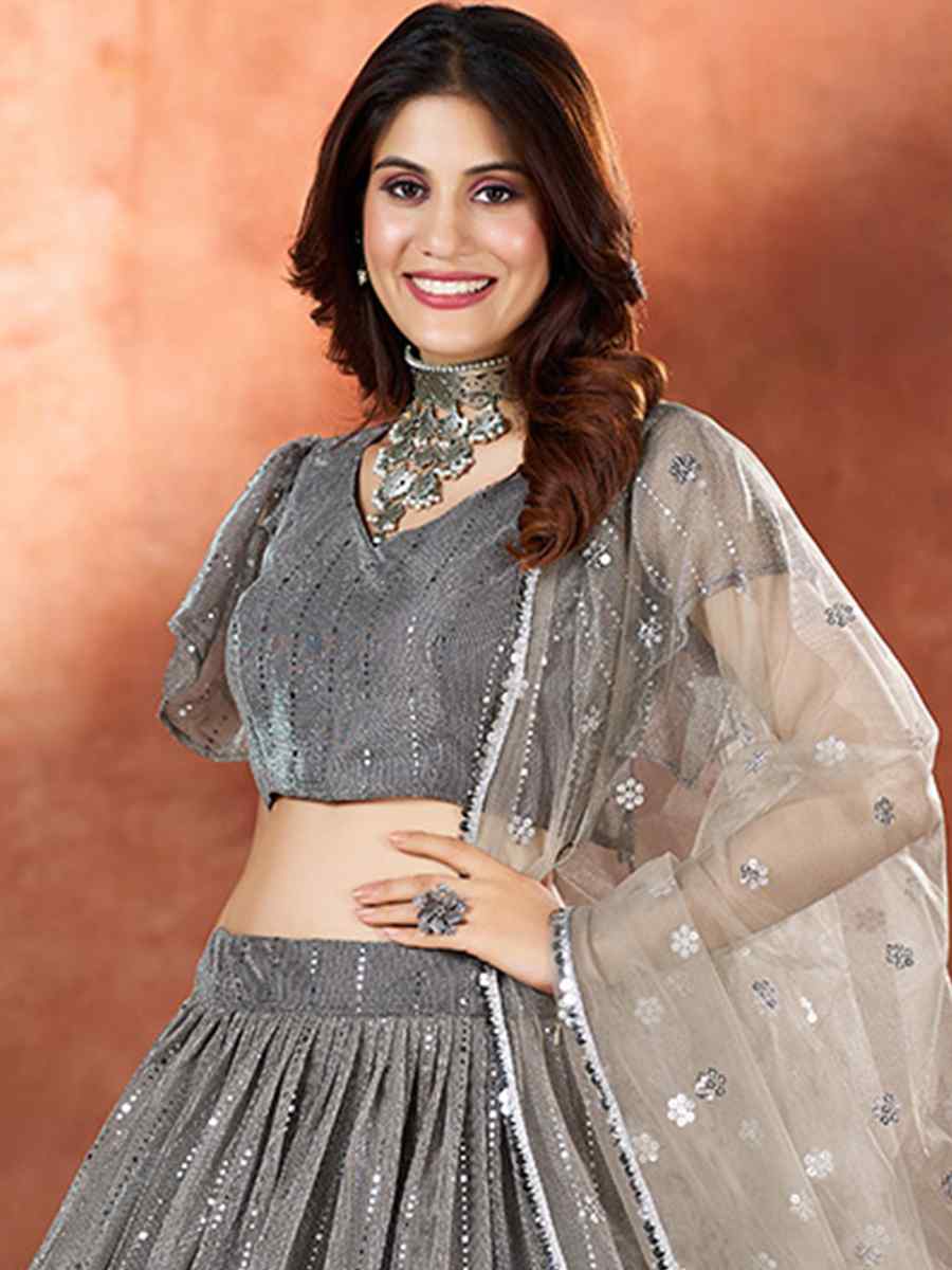 Gray Net Embroidered Bridesmaid Wedding Heavy Border Lehenga Choli