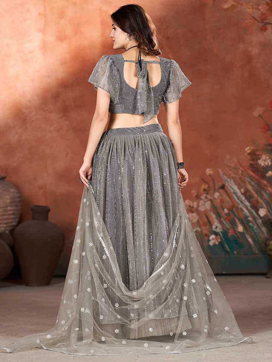 Gray Net Embroidered Bridesmaid Wedding Heavy Border Lehenga Choli