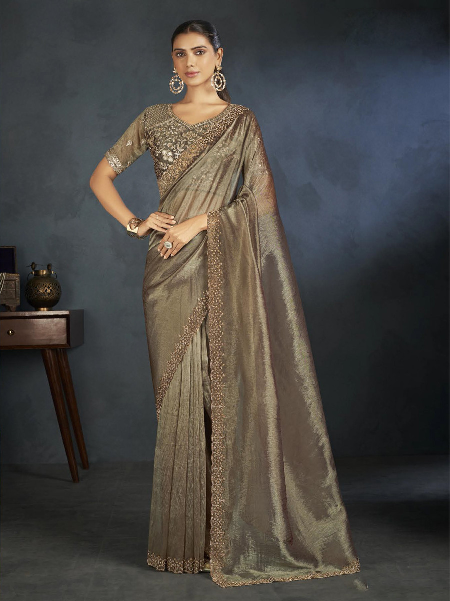 Gray Organza Handwoven Festival Wedding Heavy Border Saree