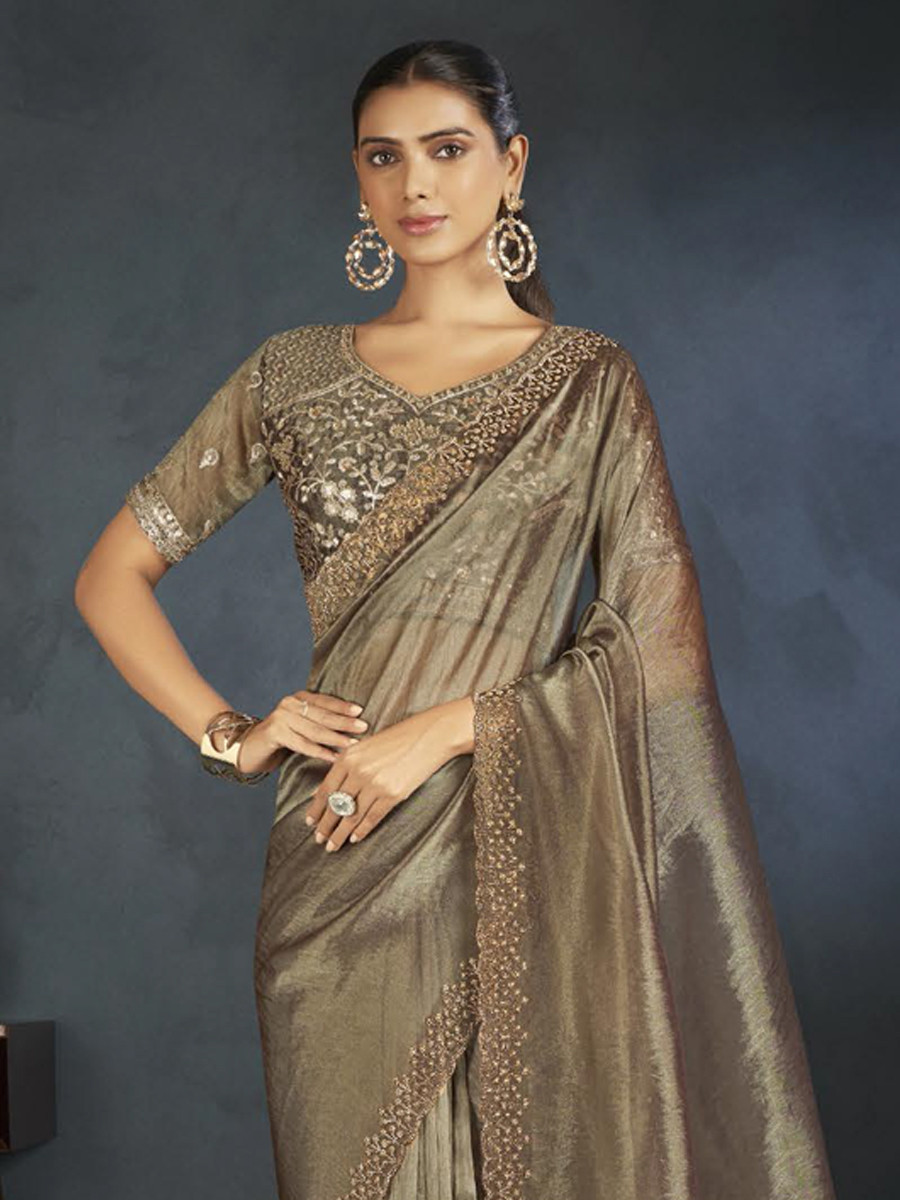 Gray Organza Handwoven Festival Wedding Heavy Border Saree