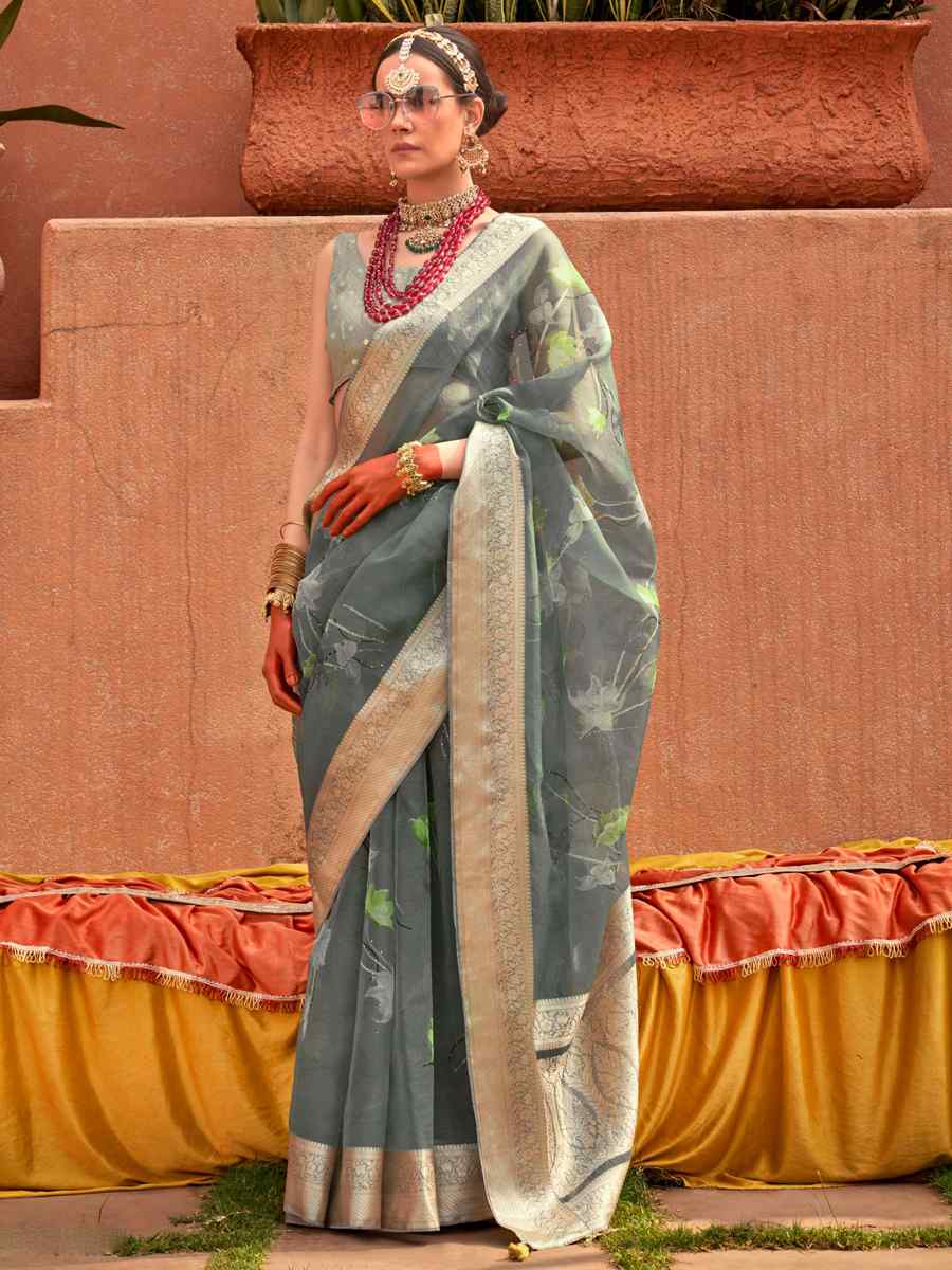 Gray Organza Silk Handwoven Festival Casual Heavy Border Saree