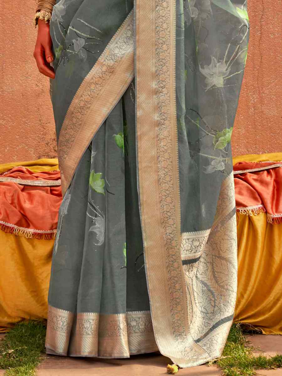 Gray Organza Silk Handwoven Festival Casual Heavy Border Saree