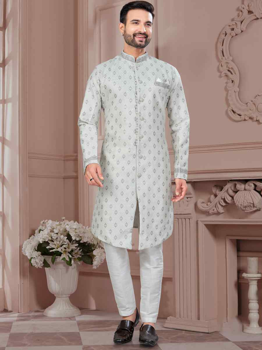 Gray Silk Dupion Embroidered Festival Wedding Sherwani