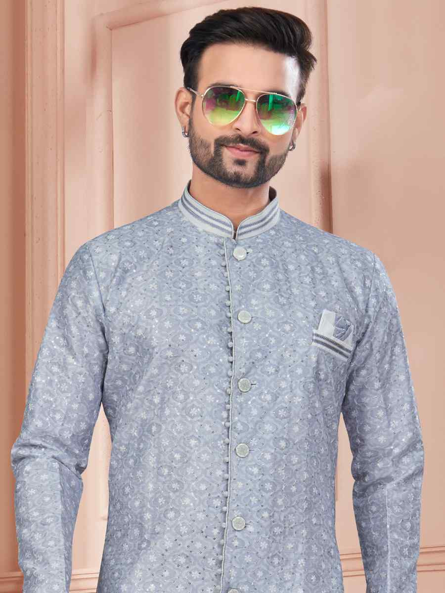 Gray Silk Dupion Embroidered Festival Wedding Sherwani