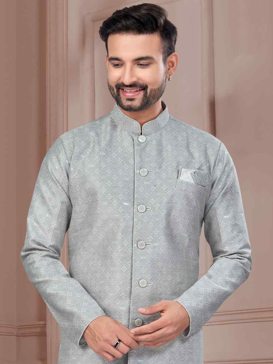 Gray Silk Dupion Embroidered Festival Wedding Sherwani