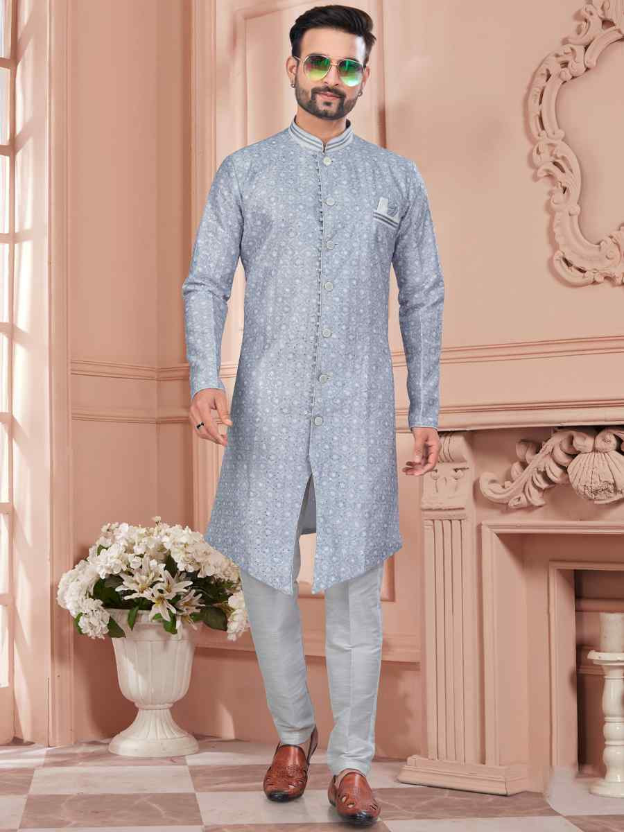 Gray Silk Dupion Embroidered Festival Wedding Sherwani