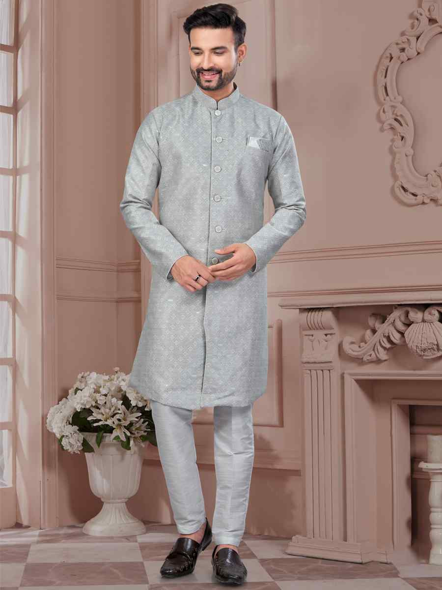 Gray Silk Dupion Embroidered Festival Wedding Sherwani