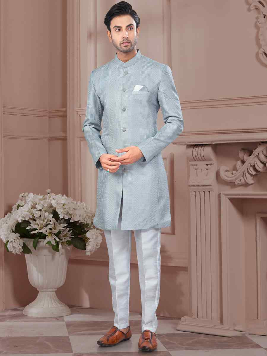 Gray Silk Dupion Embroidered Festival Wedding Sherwani