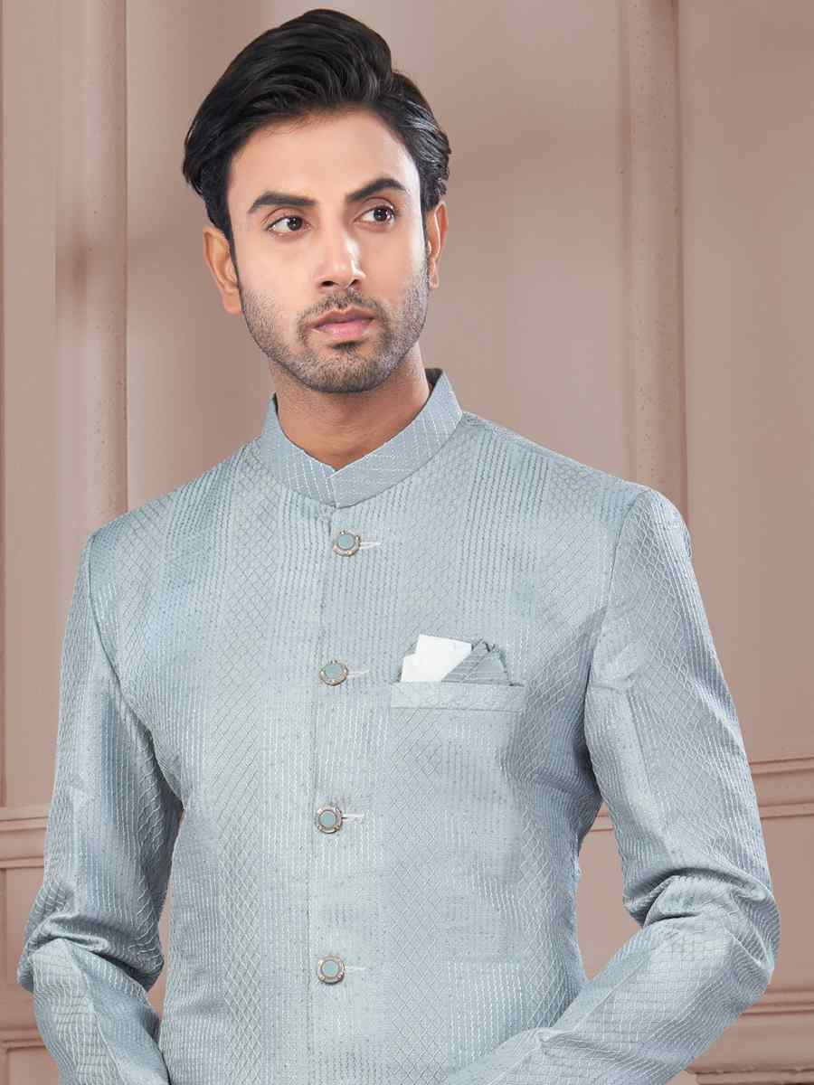 Gray Silk Dupion Embroidered Festival Wedding Sherwani