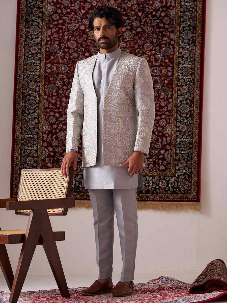 Gray Silk Embroidered Party Wedding Kurta