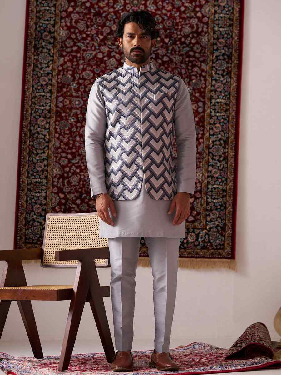 Gray Silk Embroidered Party Wedding Kurta