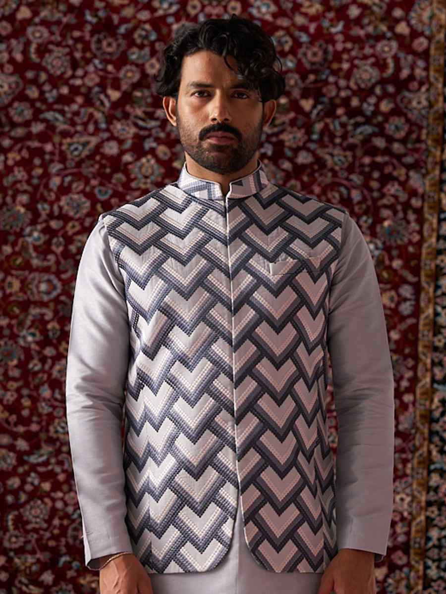 Gray Silk Embroidered Party Wedding Kurta