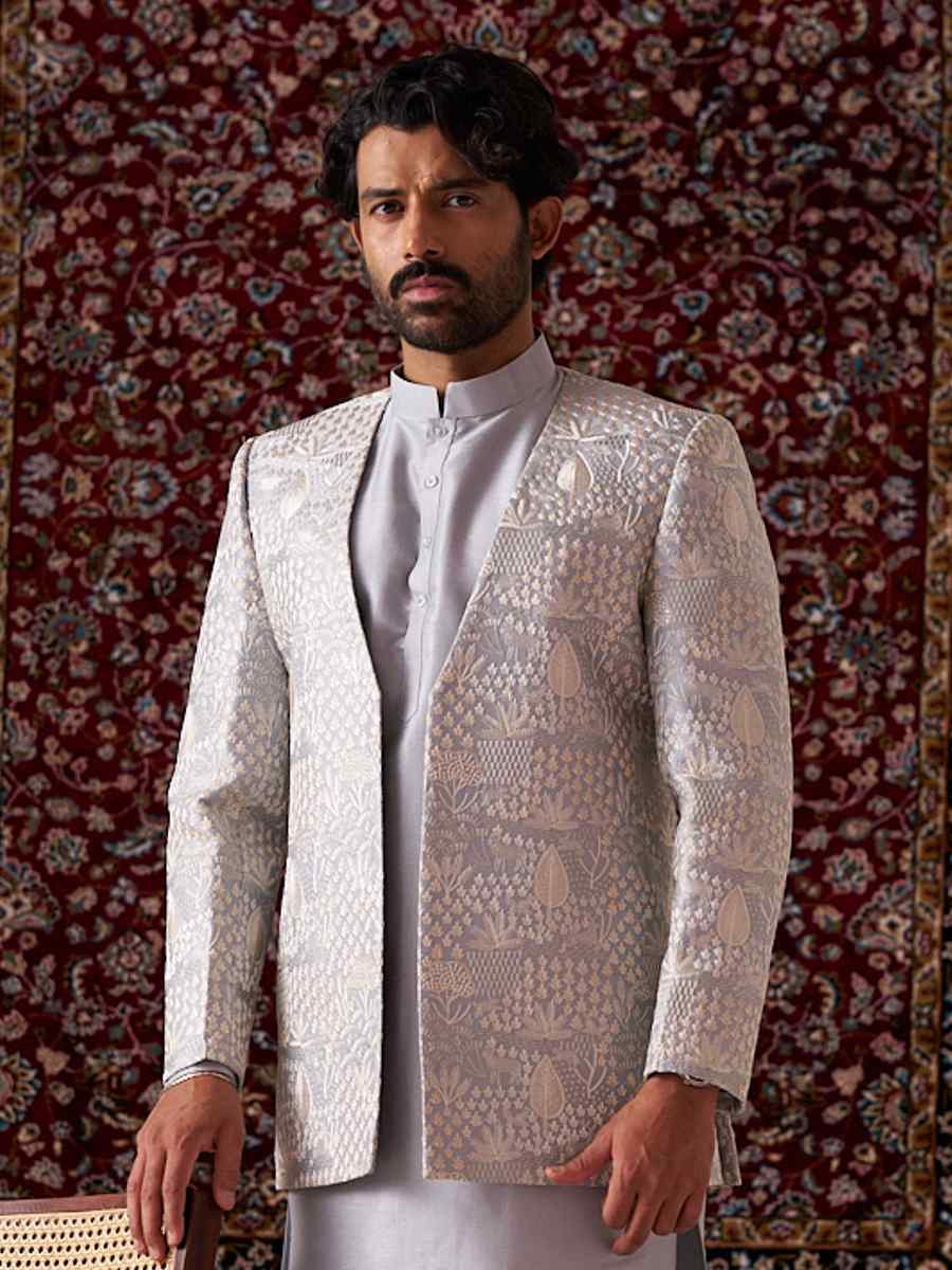 Gray Silk Embroidered Party Wedding Kurta