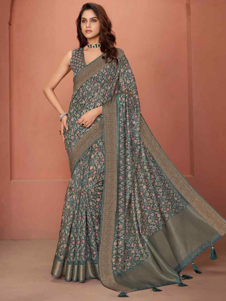 Gray Silk Embroidered Reception Party Heavy Border Saree