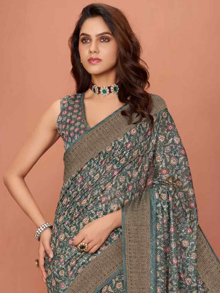 Gray Silk Embroidered Reception Party Heavy Border Saree